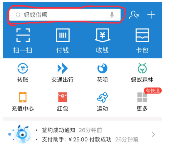 支付宝搜索栏示意图